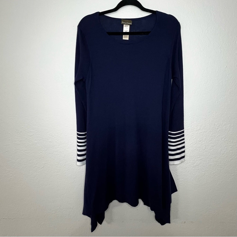 Tommy Bahama Long Stripe Sleeve Navy Blue Asymmetrical‎ Flare Dress Womens Large